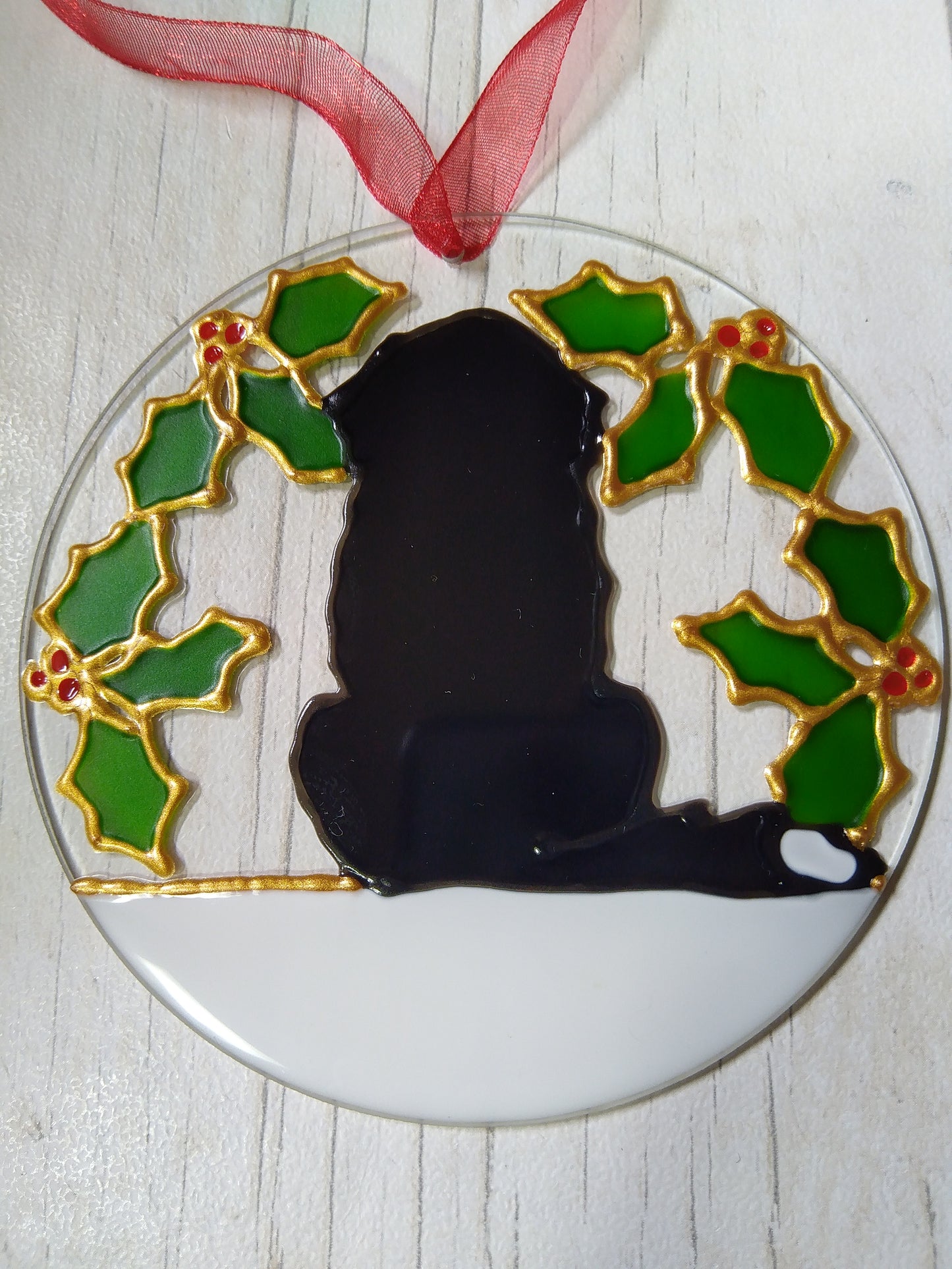 Personalised Hand Painted Bernese Mountain Dog Christmas Sun Catcher Decoration. 'The Holly and The ... Berner'