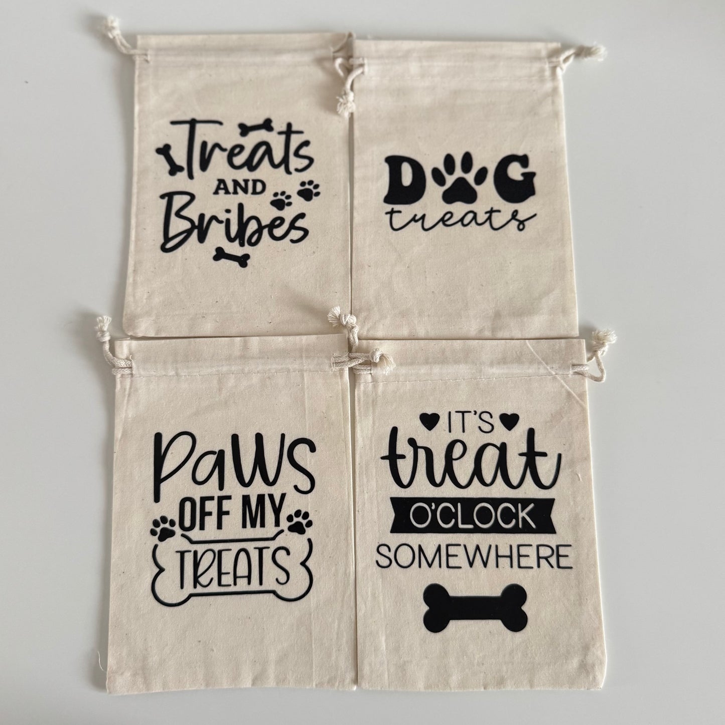 Canvas Drawstring Dog Treat Pouch with slogan 'Treats & Bribes'