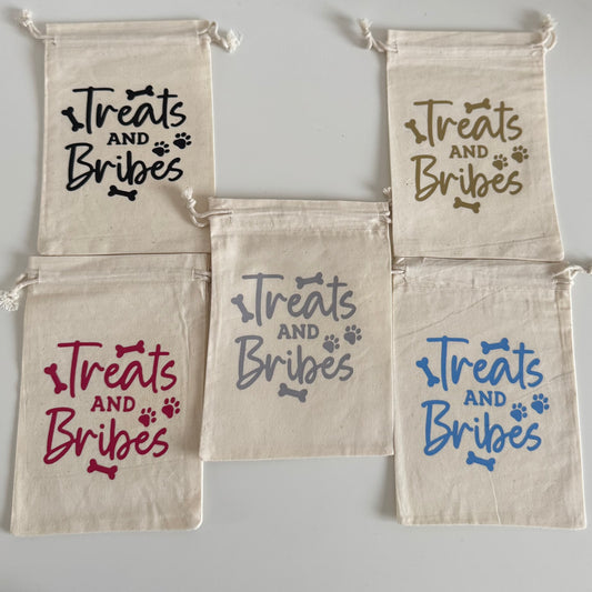 Canvas Drawstring Dog Treat Pouch with slogan 'Treats & Bribes'