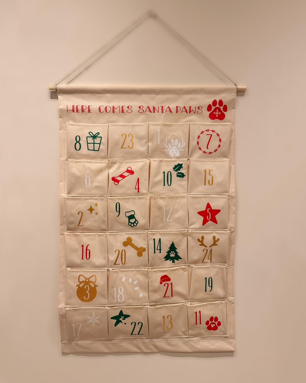 Fabric Reusable Christmas Advent Calendar | 24 Pocket Hanging Countdown | Santa Paws Dog Calendar