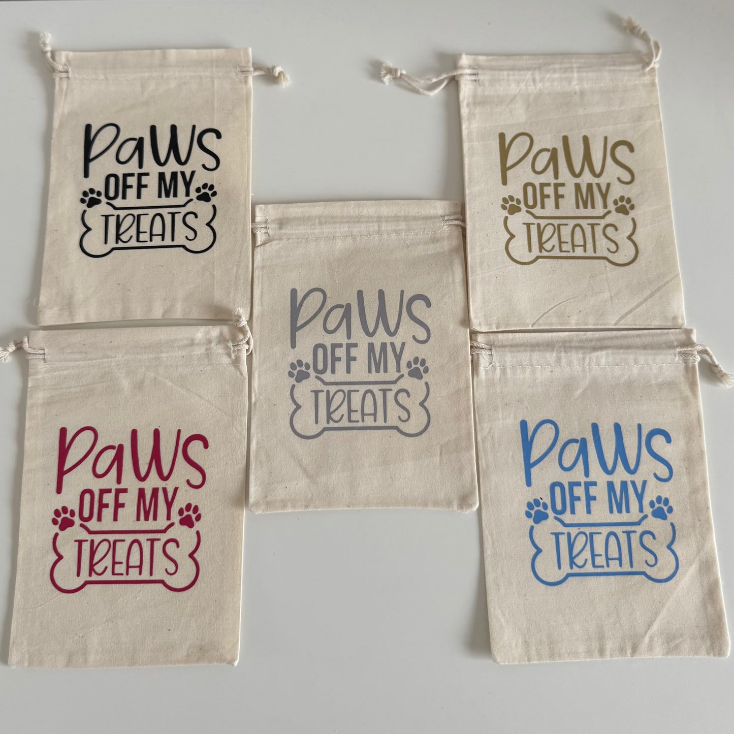 Canvas Drawstring Dog Treat Pouch with slogan 'Paws Off My Treats'